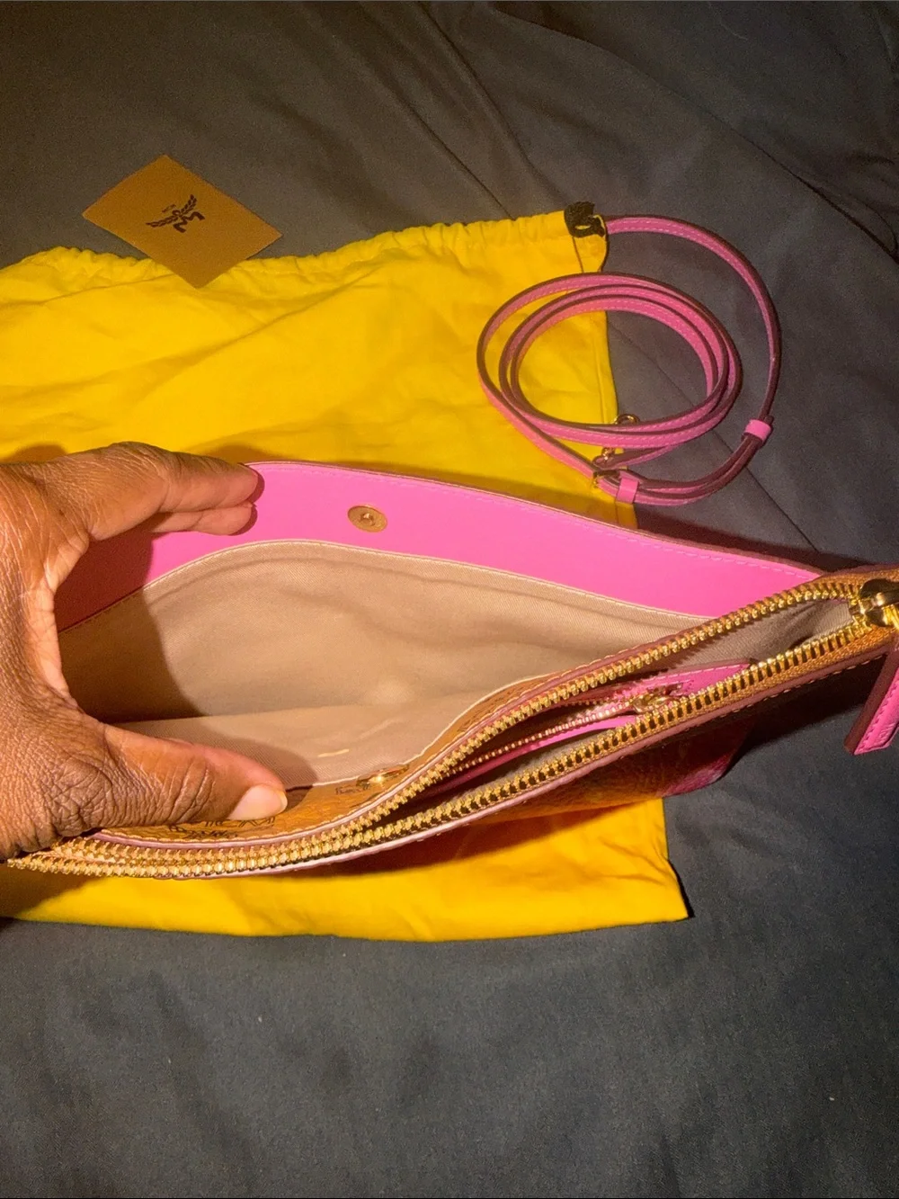 MCM Cognac Visetos Pink Coral-Print Zip Pouch with Pink Strap